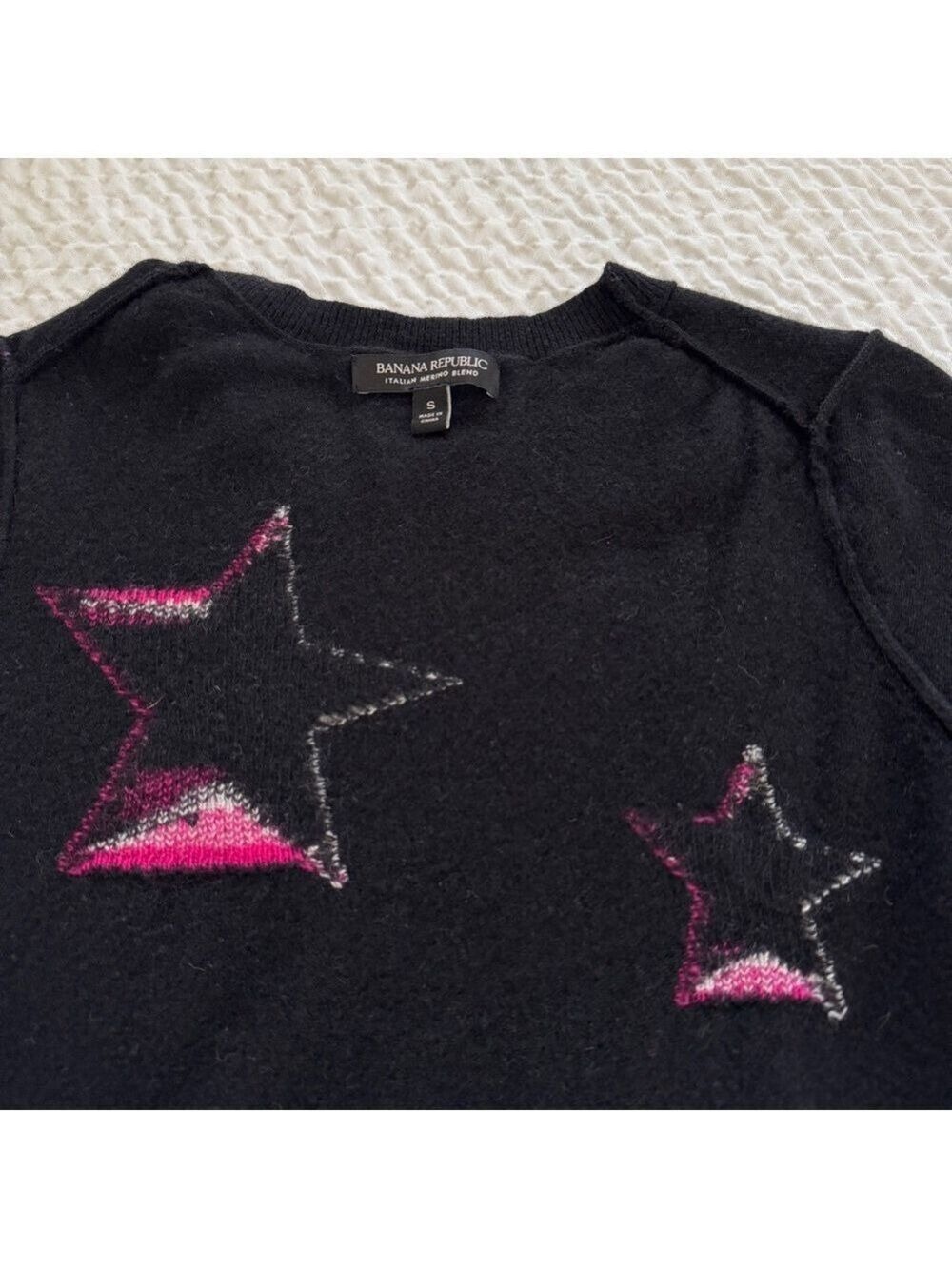 Banana Republic Italian Merino Wool Crewneck Stars Sweater, Black, Size Small - Picture 8 of 9